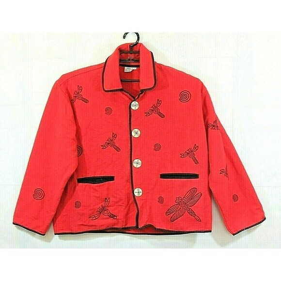 Venus Imports Cropped Jacket Red Dragonfly Button Front Coat Napal Womens Sz Lg - Picture 2 of 7